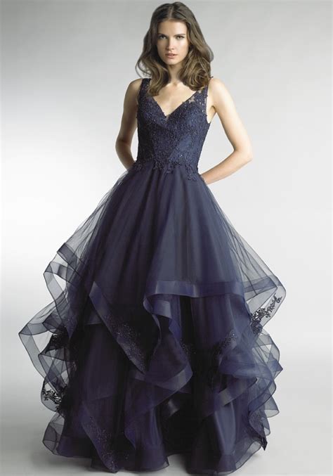 navy blue ruffle tiered gown.